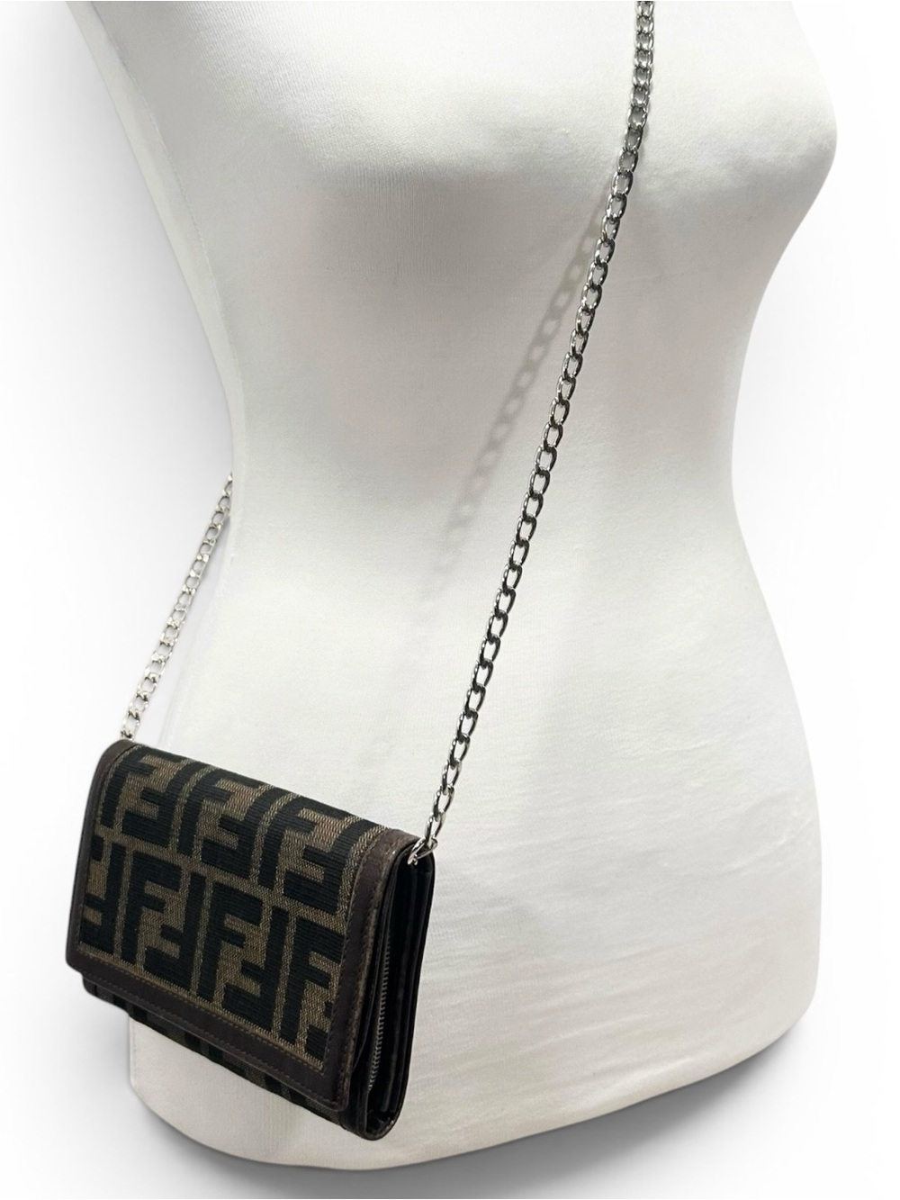 FENDI Zucca Canvas & Brown Leather Tresor Wallet on Chain